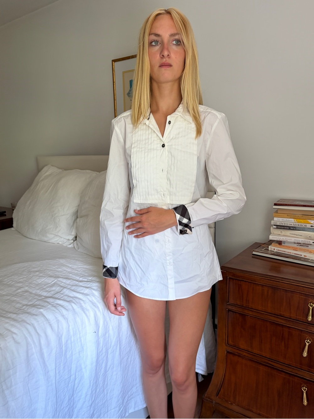 Burberry White Button-Down Shirt with Tartan Cuff Detail